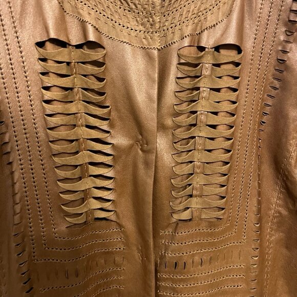 Elie Tahari Leather Jacket Cecilia Brown Size XS Lattice Cut Designer Boho Chic - Picture 9 of 15